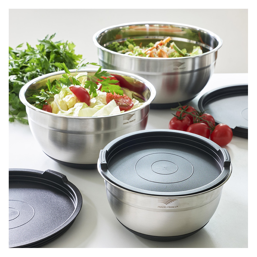 Lot de 3 saladiers inox avec couvercles